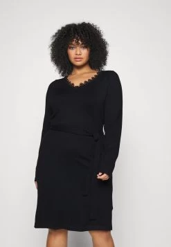 V Ausschnitt Mini Strickkleid Mit Gürtel Und Spitzeneinsatz - Vestido De Punto - Black